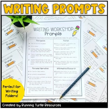A writing prompts card displayed on a table with a pencil and a small plant in the background, indicating it is a resource for writing workshops.