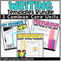 Promotional image for a writing templates bundle, showcasing three different writing prompts: a personal narrative, a persuasive, and an expository text, with the text highlighting 'Common Core Aligned' and '3 COMMON CORE UNITS'.