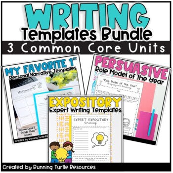 Promotional image for a writing templates bundle, showcasing three different writing prompts: a personal narrative, a persuasive, and an expository text, with the text highlighting 'Common Core Aligned' and '3 COMMON CORE UNITS'.