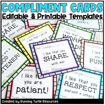 Editable Compliment Cards l Social Emotional Learning – Running Turtle ...