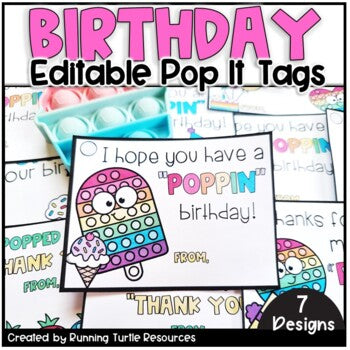 Pop It Fidgets Birthday Tags, Student Gifts, Party Favors EDITABLE