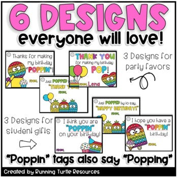 Pop It Fidgets Birthday Tags, Student Gifts, Party Favors EDITABLE