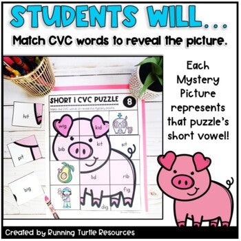 CVC Words Mystery Puzzles Phonics Word Work