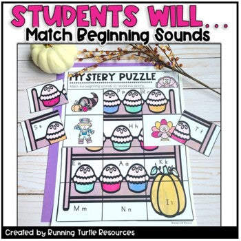 Thanksgiving Alphabet Mystery Puzzles l Letter and Beginning Sounds Match