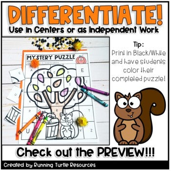 Fall Mystery Puzzles, Autumn Letter and Beginning Sounds Match