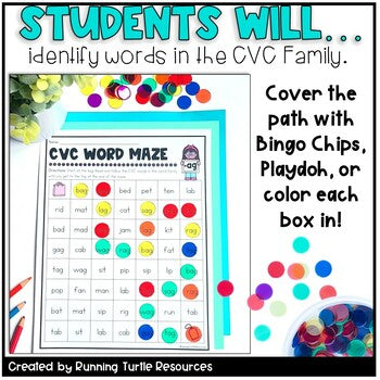 CVC Words Worksheets l Word Family Phonics Mazes