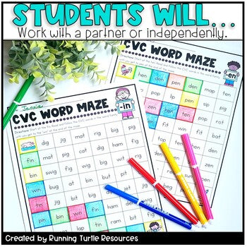 CVC Words Worksheets l Word Family Phonics Mazes
